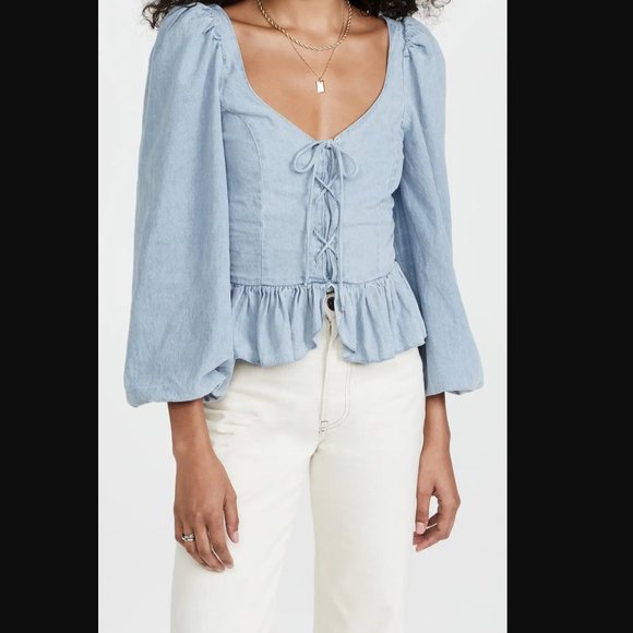 NWT SHOPBOP LOVE THE LABEL DENIM PUFF SLEEVE TOP SIZE S - Picture 1 of 5